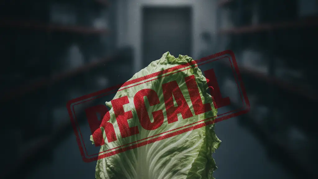 Wilting iceberg lettuce leaf with a red 'RECALL' stamp, blurred industrial background.