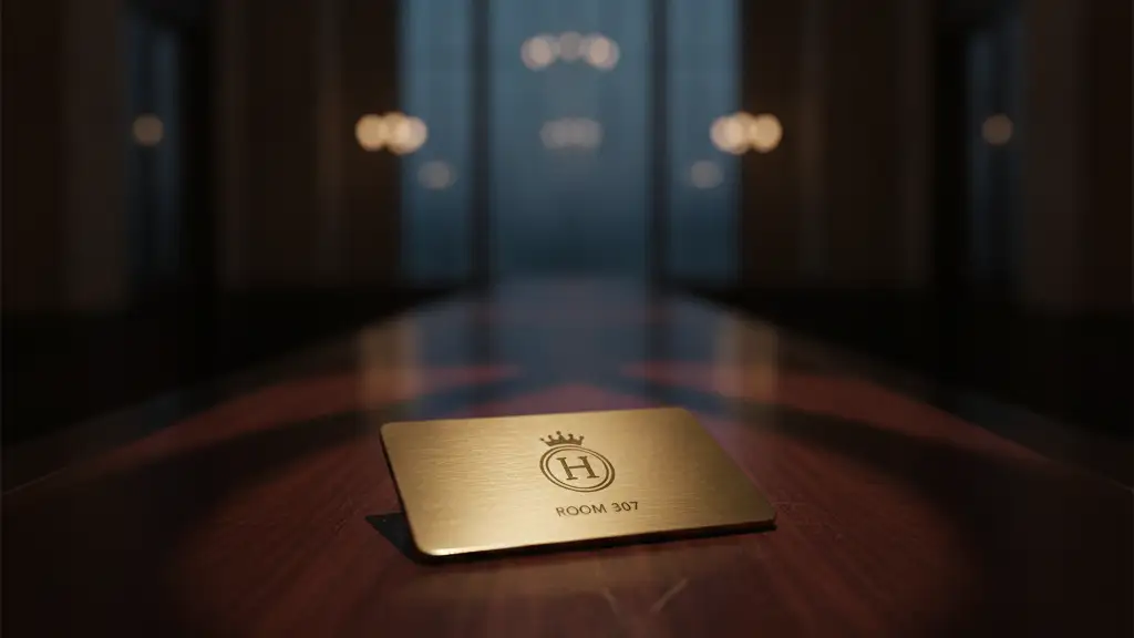 A single hotel key card on a dark wooden reception desk.
