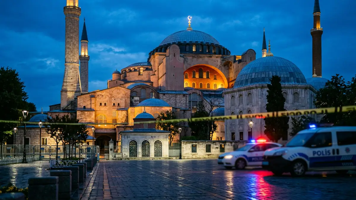 The exterior of a mosque at night with blurred police lights reflecting on the ground.