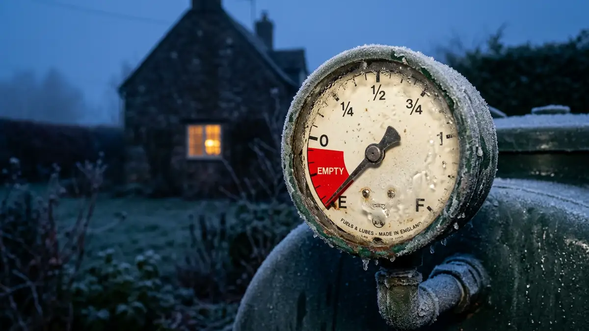 A close-up of a heating oil tank gauge showing a low fuel level in winter.