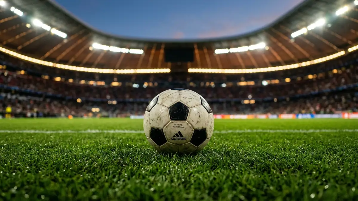 A soccer ball rests on a perfectly manicured green stadium pitch at dusk.