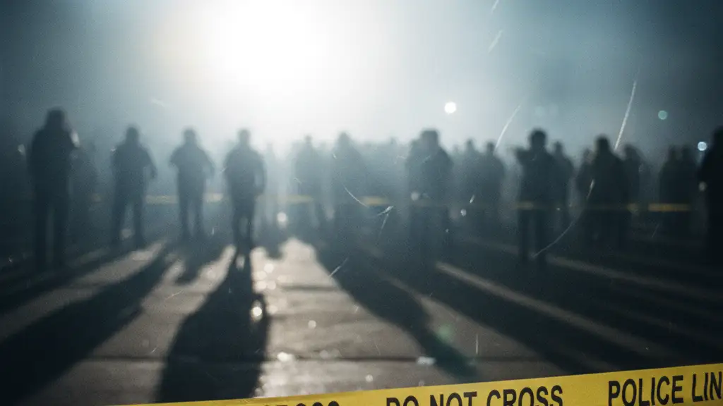 Blurred crowd and police tape, suggesting a tense confrontation.