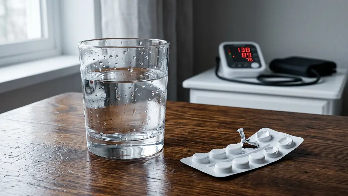 A glass of water next to an open pill blister pack and a blood pressure monitor.