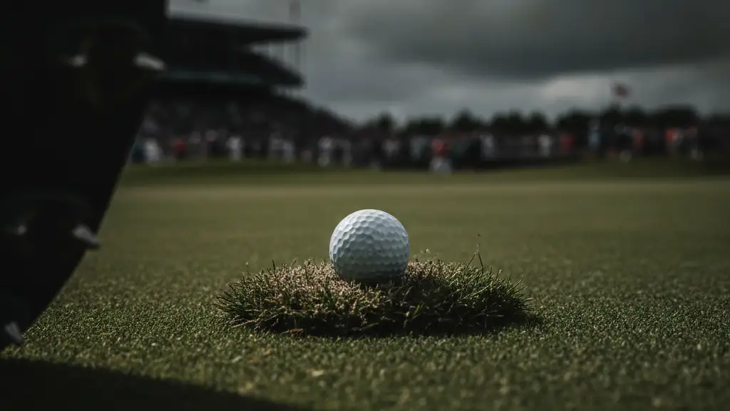 Golf ball on green with blurred golf shoe and distant crowd.