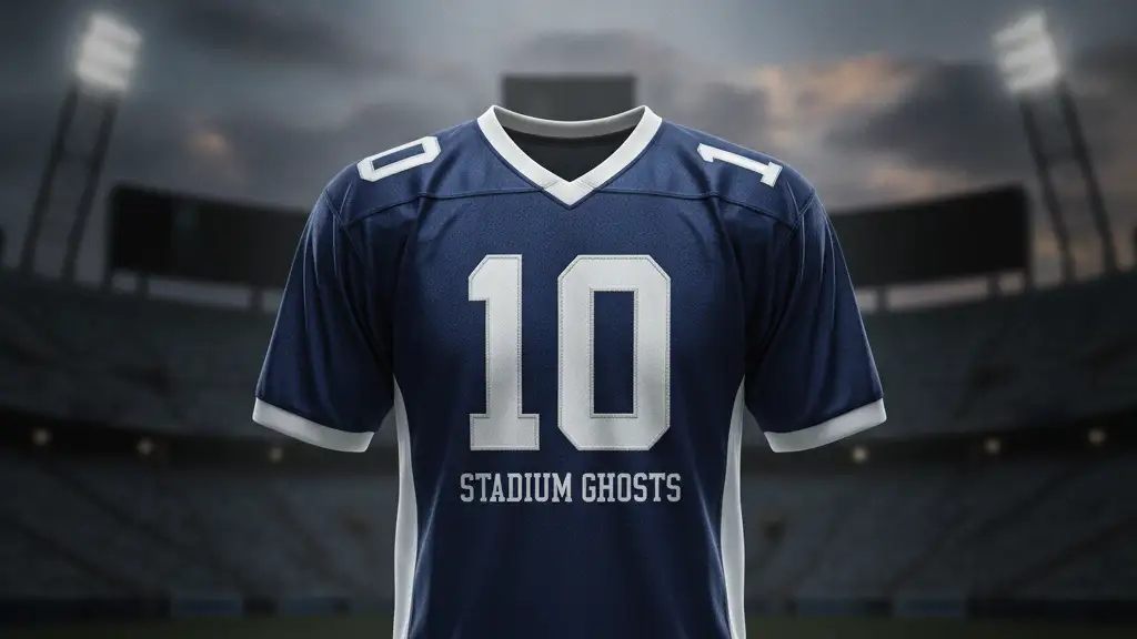 Classic navy blue football jersey with number 10, spotlit in an empty, vast stadium.