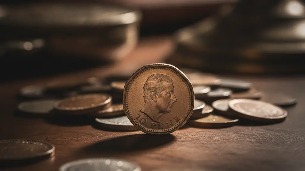 Close-up of a new 10p coin with King Charles III's silhouette.