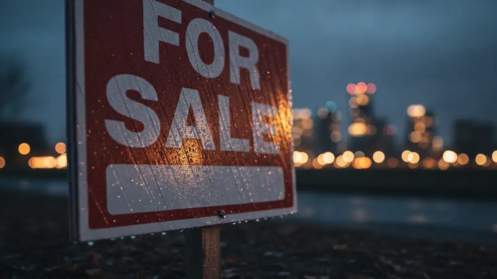 A weathered 'FOR SALE' sign with rain streaks, reflecting a blurred city skyline at dusk.