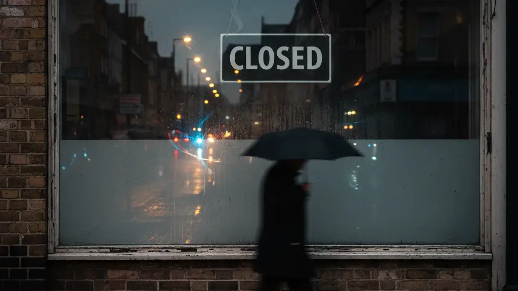 A closed sign hangs in the window of a betting shop at dusk.