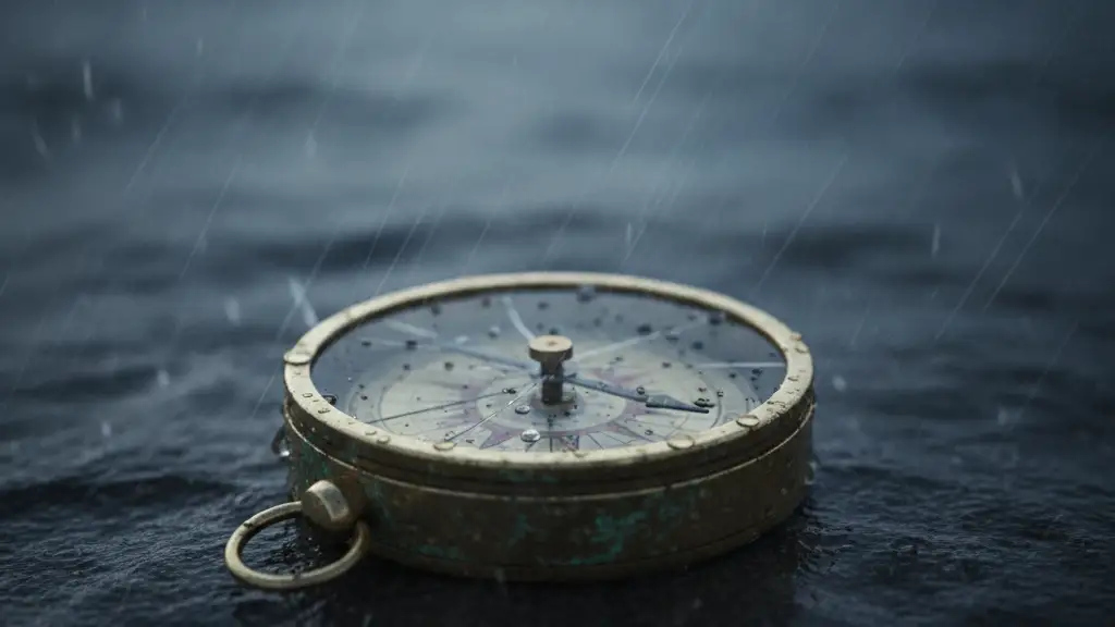 An antique compass on a wet surface, needle pointing erratically, with rain in background.
