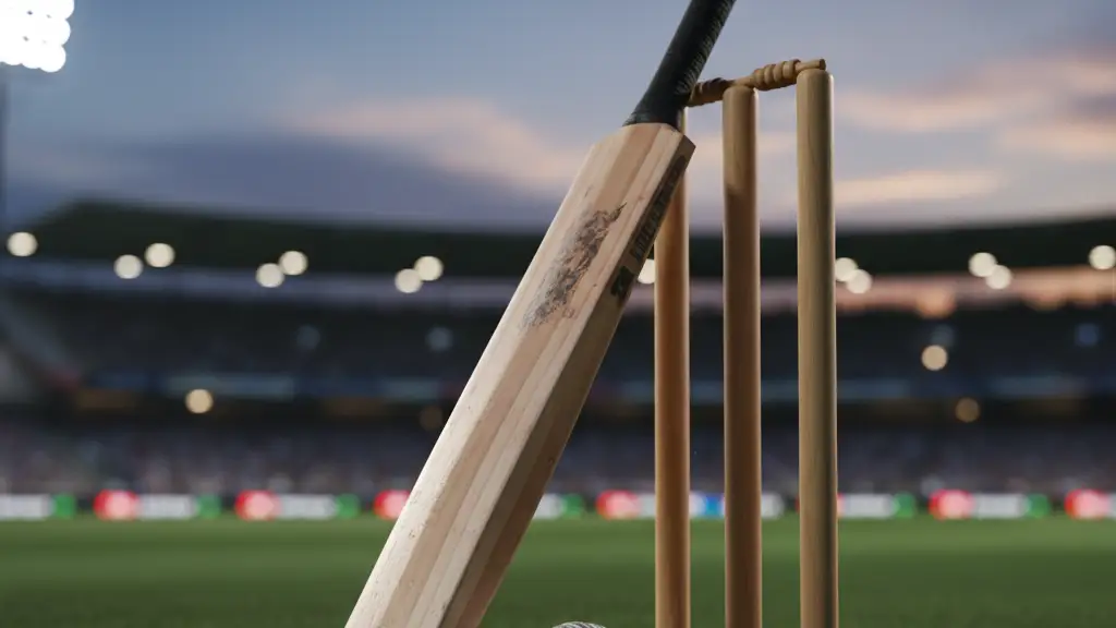 A cricket bat and white ball resting against wooden stumps on a green field.
