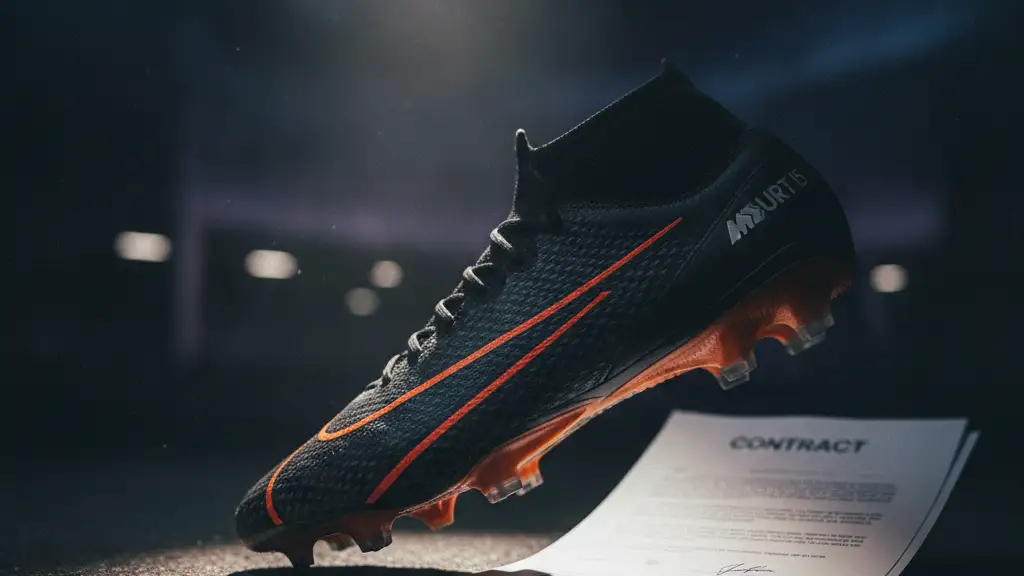 A blurred football boot in sharp focus, with a contract document in the background.