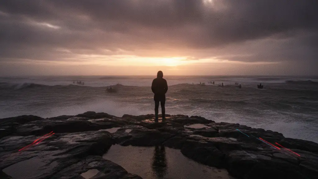 Silhouetted figure on a rocky shore looking at a vast, turbulent sea.