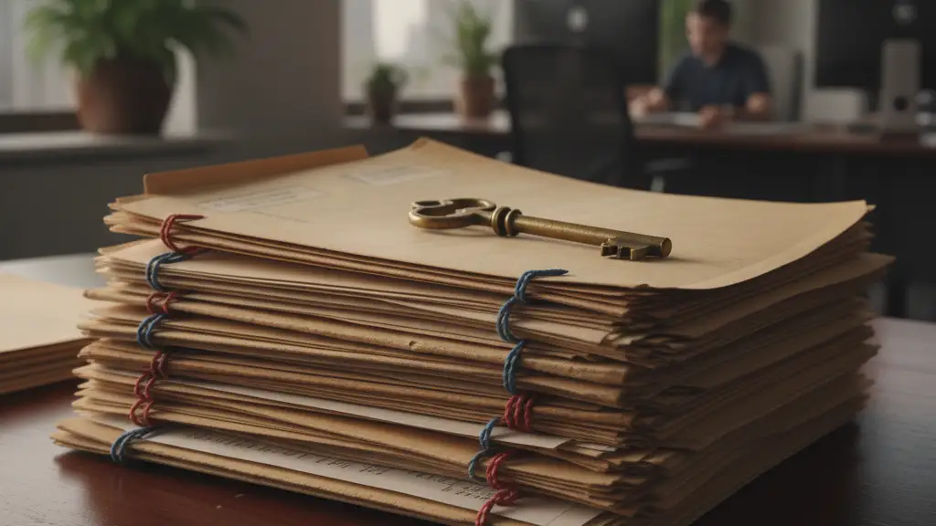 Stack of old government file folders with a brass key on a wooden desk.