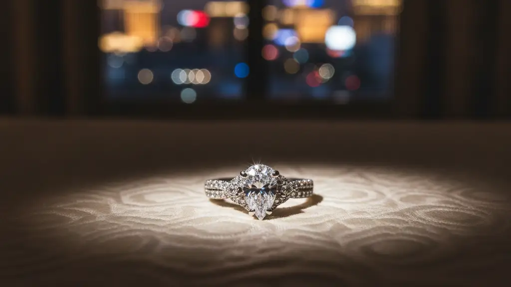 A single, ornate wedding ring on a blurred hotel bedspread with Las Vegas lights.