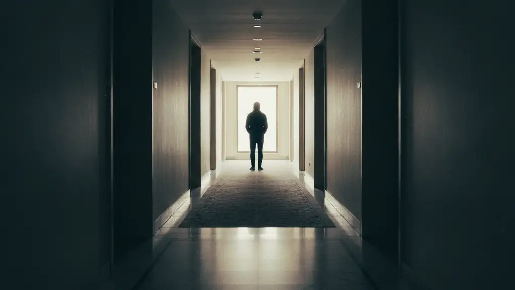A lone, silhouetted figure stands in an empty hotel corridor.