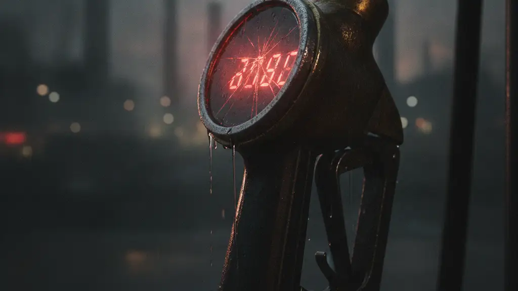 Close-up of a vintage fuel pump nozzle with blurred, glowing red numbers.