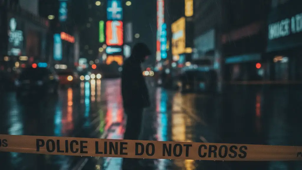 Emergency lights reflect on a wet Times Square street with police tape in foreground.