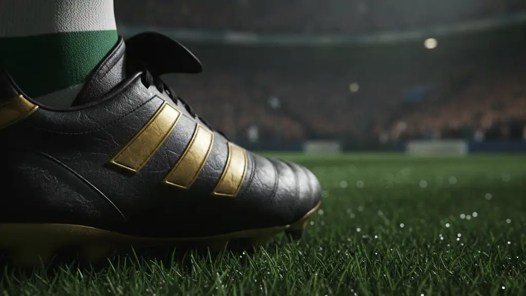 Close-up of a football boot on a green pitch, blurred stadium in background.