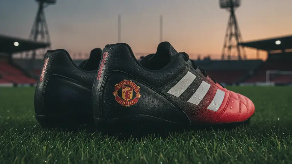 Football boots on a pitch, one with a Manchester United crest, stadium lights in background.