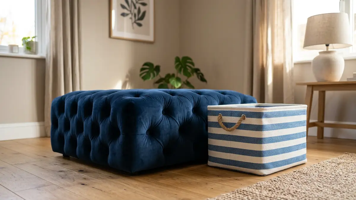 A navy velour tufted ottoman and a blue-and-white striped storage box in a bright room.