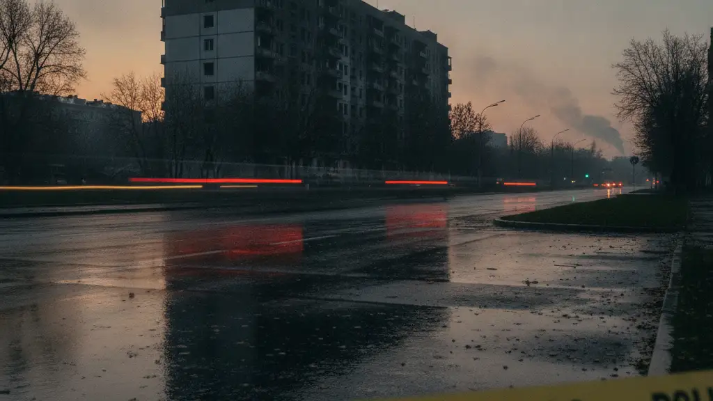Emergency lights reflect on a wet street with police tape, a damaged building silhouette in the distance.