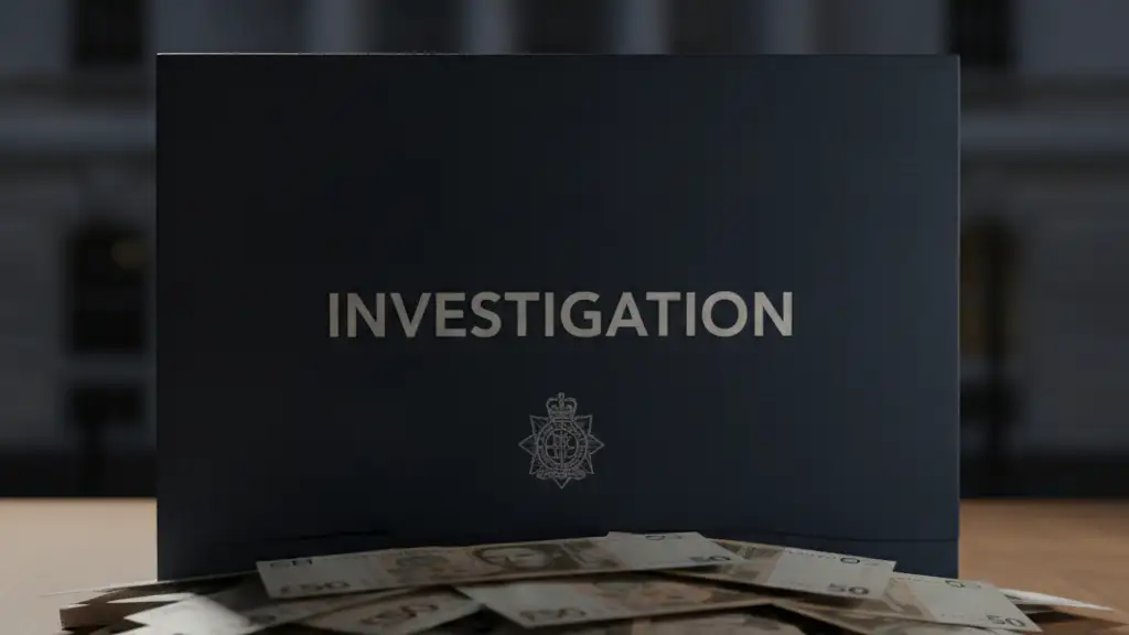 Stack of £50 notes under a folder labeled 'INVESTIGATION' with police crest.