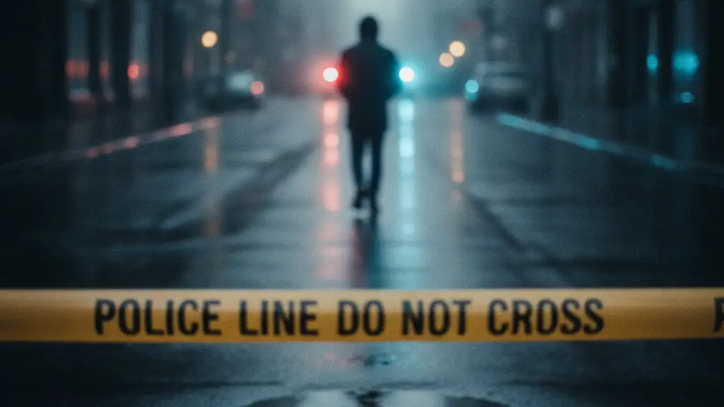 Emergency lights reflecting in a puddle with police tape in foreground.