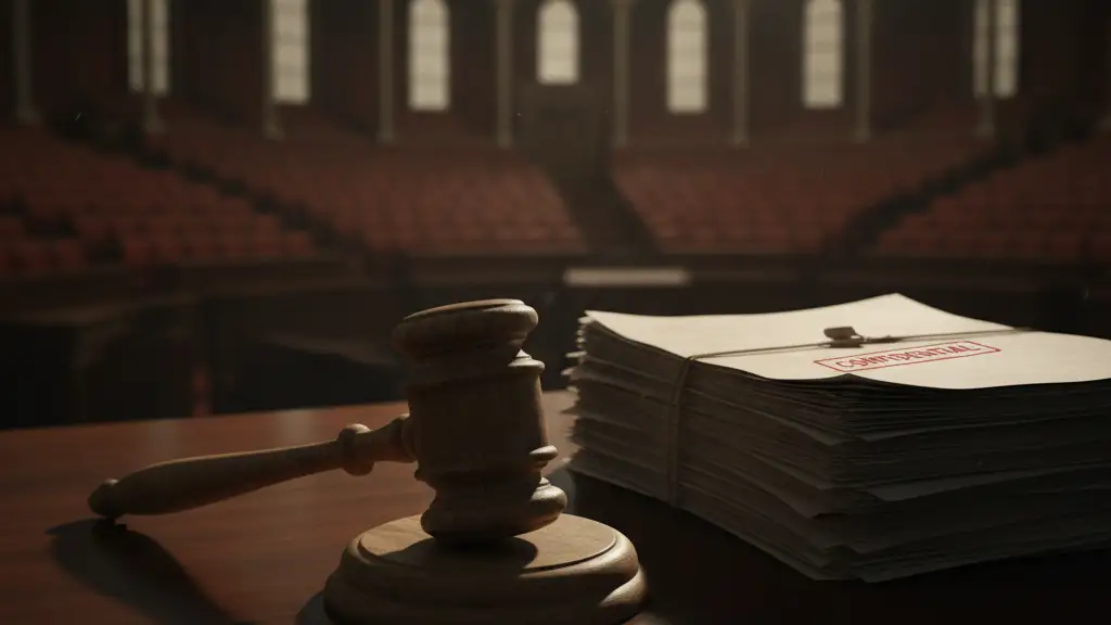 A heavy wooden gavel on a dark desk with blurred confidential documents.
