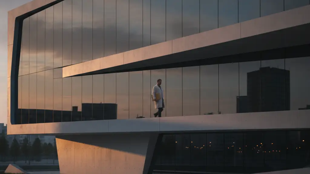 Modern building facade with a blurred reflection of a scientist walking past.