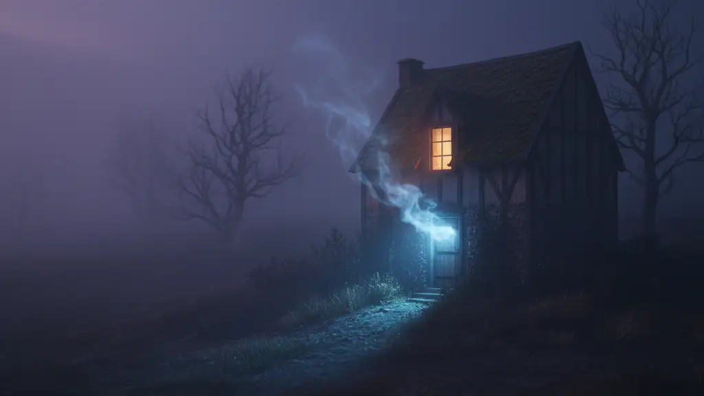 A lone house with a warm light in the window, under a mysterious blue glow.