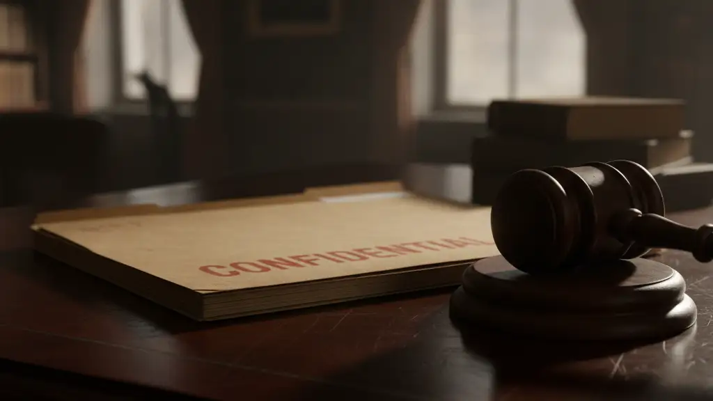 A confidential file and a gavel on a dark desk, suggesting a legal investigation.