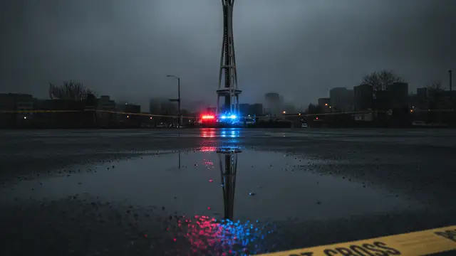 Police tape in foreground, blurred Space Needle in background, emergency lights reflecting.