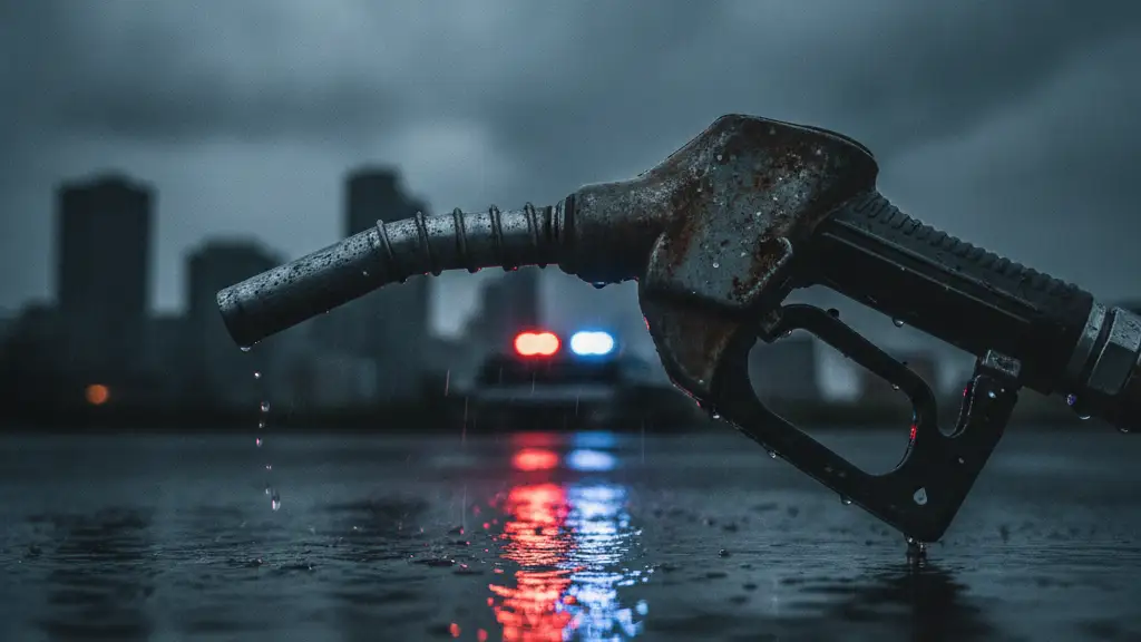 Fuel pump nozzle with emergency light reflections in a puddle.