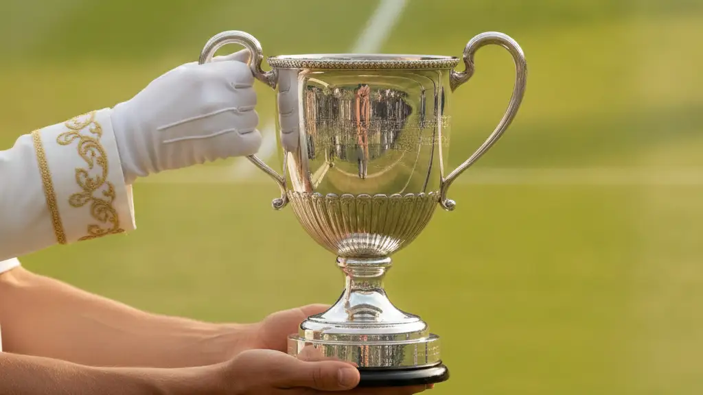 Elegant gloved hands and athletic hands jointly holding a silver tennis trophy at Wimbledon.