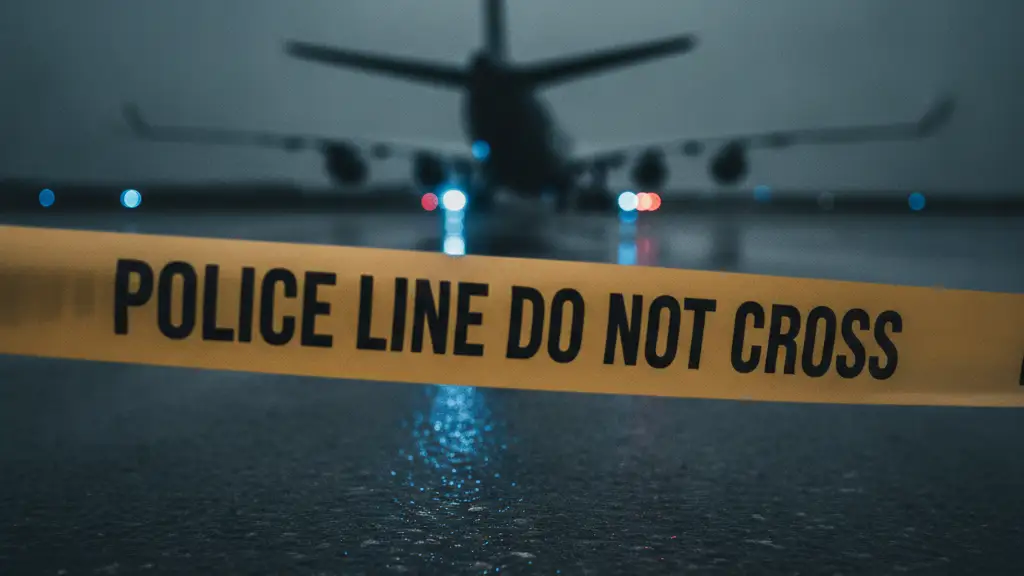 Police tape in foreground, blurred cargo plane tail and emergency lights in background.