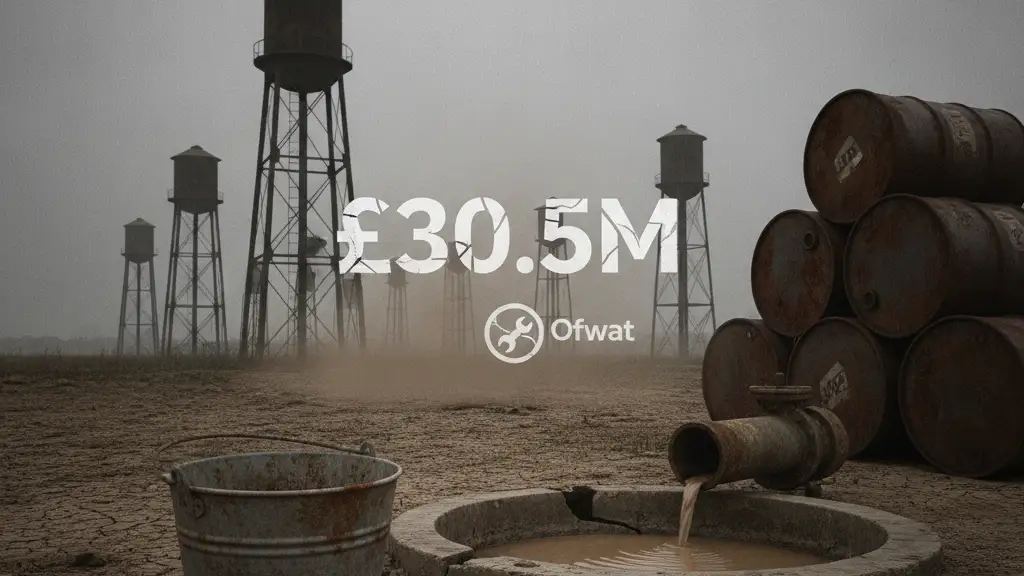 A high-fidelity, photorealistic editorial news image. STRICT RULES: NO human faces, NO identifiable people, NO named likenesses. Use symbolic representation: silhouettes, objects, props, or atmospheric scenes. Focus on environment, textures, and mood rather than people. Subject: South East Water Fined £30.5 Million by Ofwat for Supply Failures. Style: 35mm lens, cinematic lighting, 16:9 aspect ratio, no text or borders.