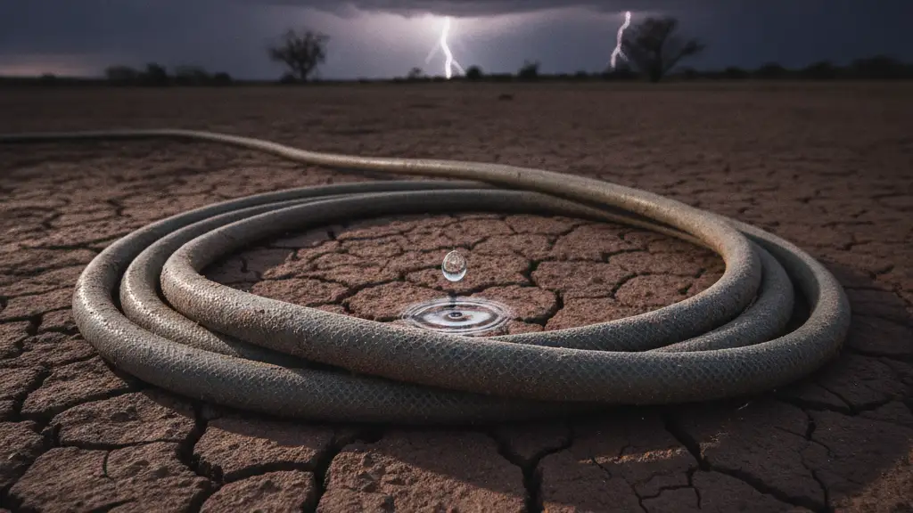 A single raindrop hitting a coiled, dry garden hose on cracked earth.