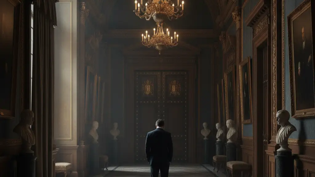 Silhouetted figure in a parliamentary corridor, back to viewer, facing a large door.