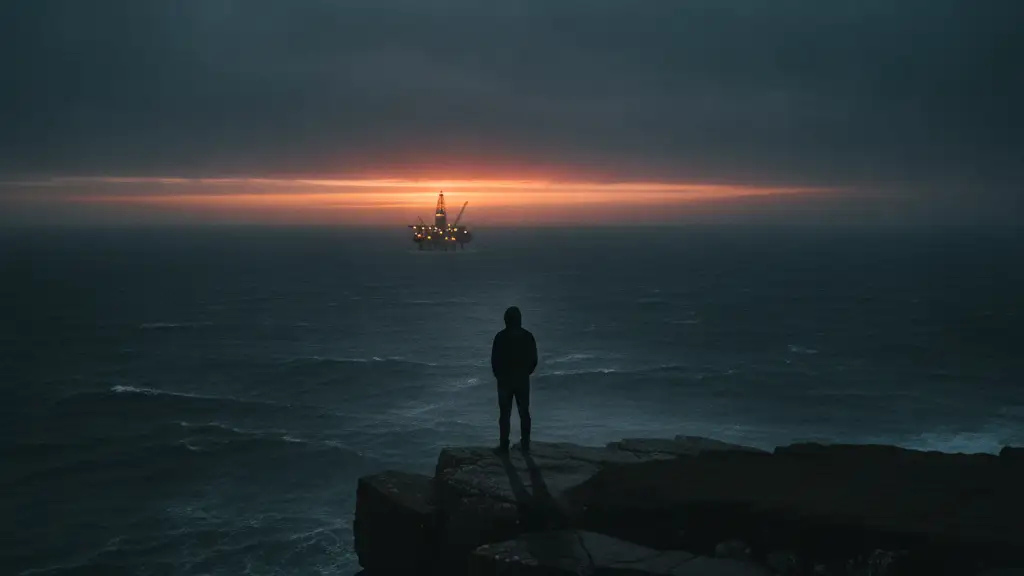Silhouetted figure on a cliff overlooking a turbulent North Sea with a distant oil rig.