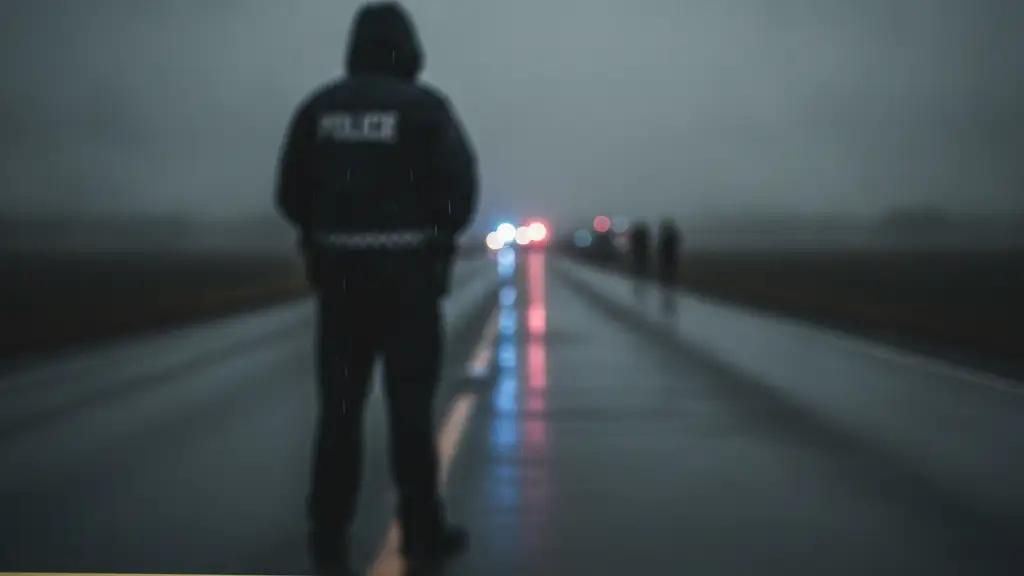 Police tape in foreground, blurred emergency lights reflecting on wet road at dusk.
