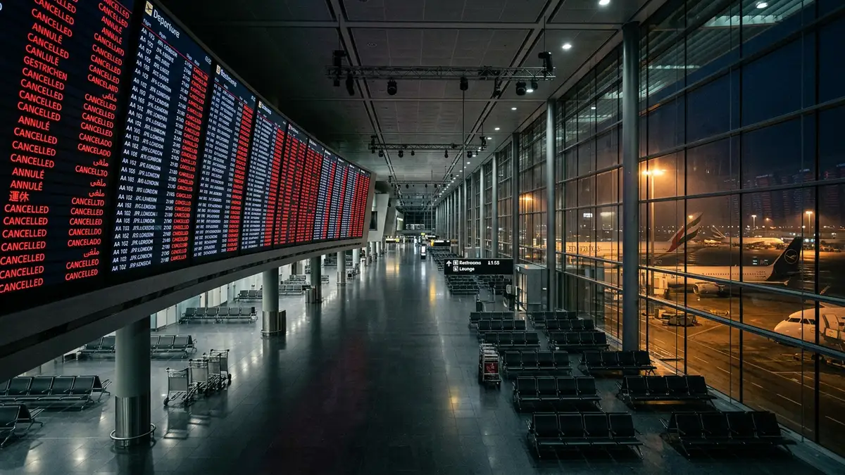 A deserted airport terminal at night with a flight board showing all flights cancelled.