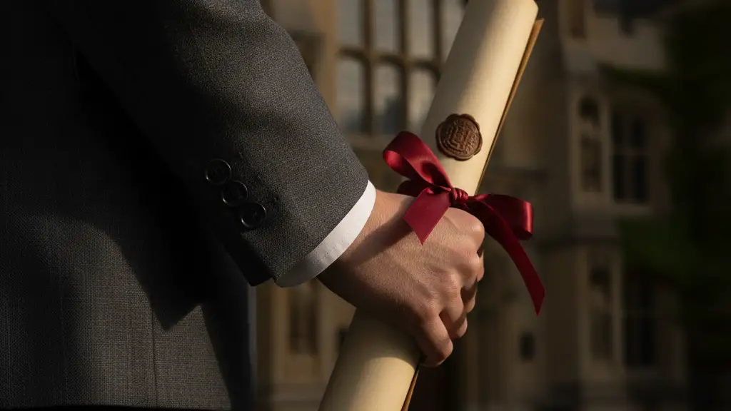 A hand in a suit holding a rolled-up parchment, blurred university in background.