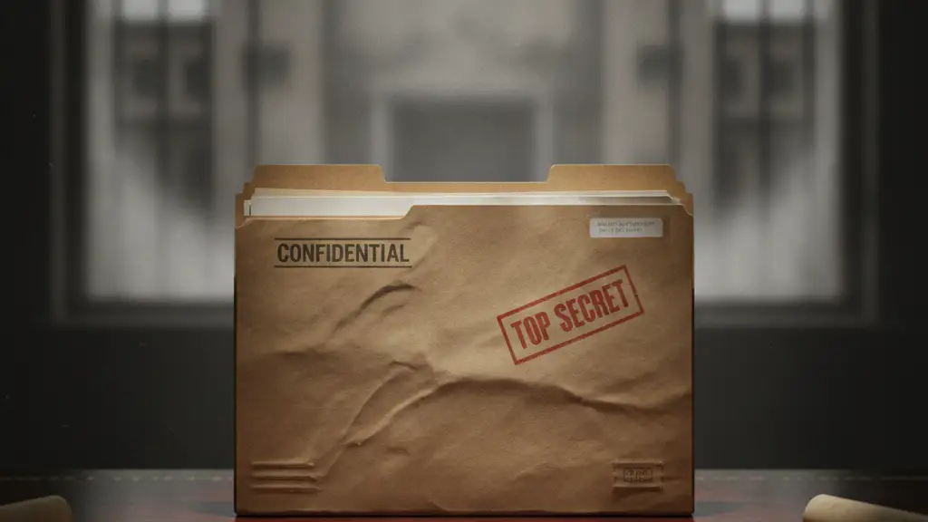 Confidential file folder on a desk, dramatic lighting, blurred prison background.