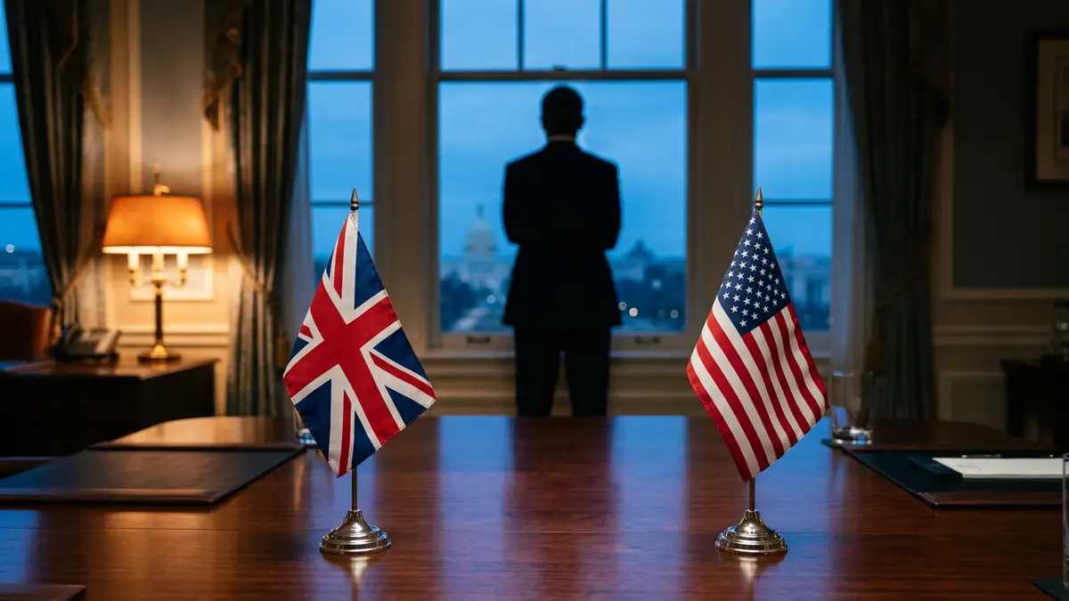 British and American desk flags stand on a wooden table before a blurred window silhouette.