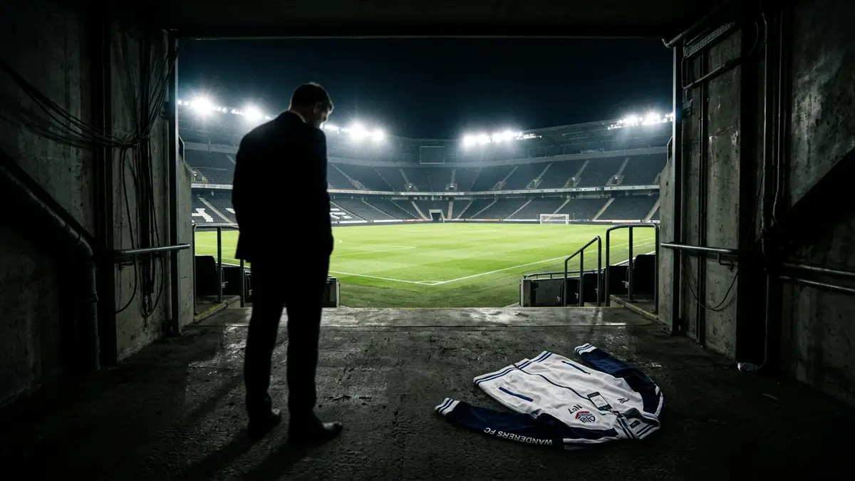 A silhouette of a manager in a stadium tunnel looking at an empty pitch.