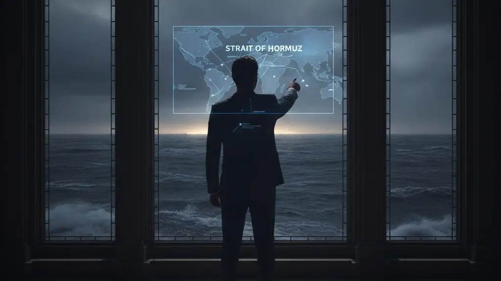 Silhouetted figure points at a turbulent ocean, map reflection on window.