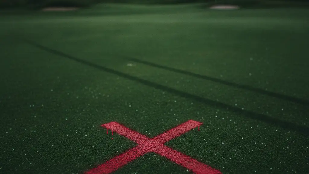 Red 'X' spray-painted on a golf course green, grand building silhouette in background.