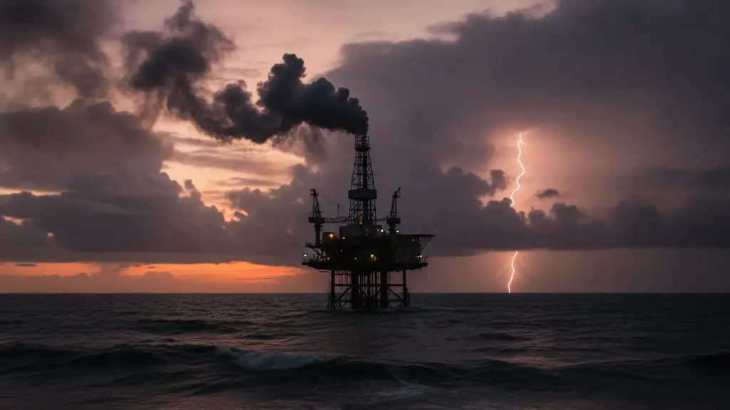 Silhouette of an oil rig against a dramatic, stormy sunset sky.