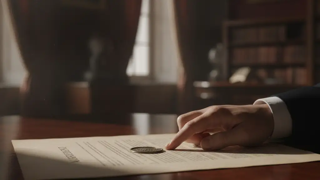 Official document with a prominent seal on a mahogany desk, hand partially visible.