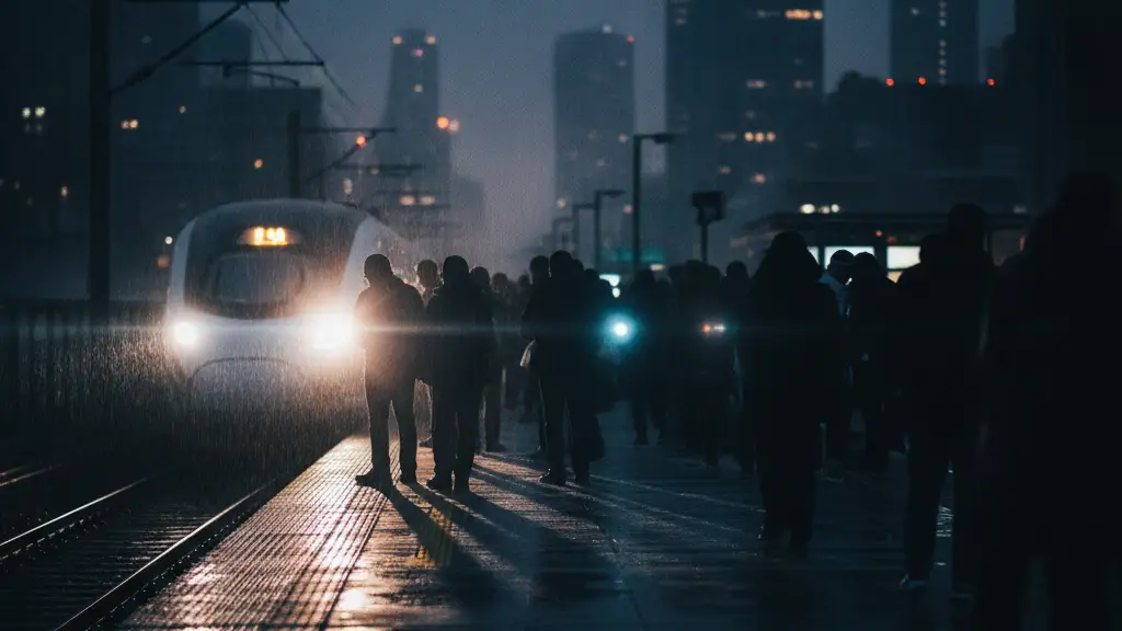 Crowded train platform at dusk with blurred commuters and approaching train headlights.